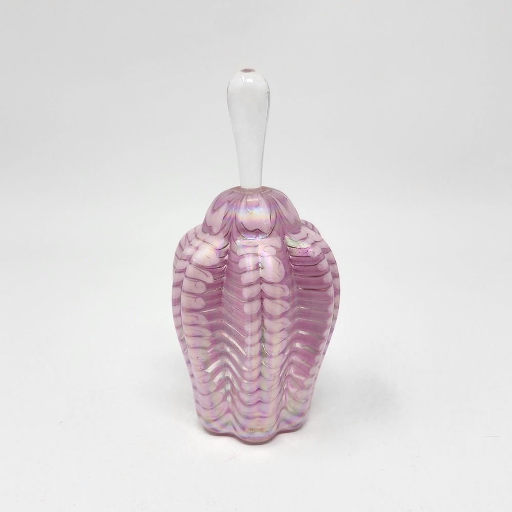 Vtg Trout Studios Pink Iridescent Pulled Feather Art Glass Perfume Bottle Signed